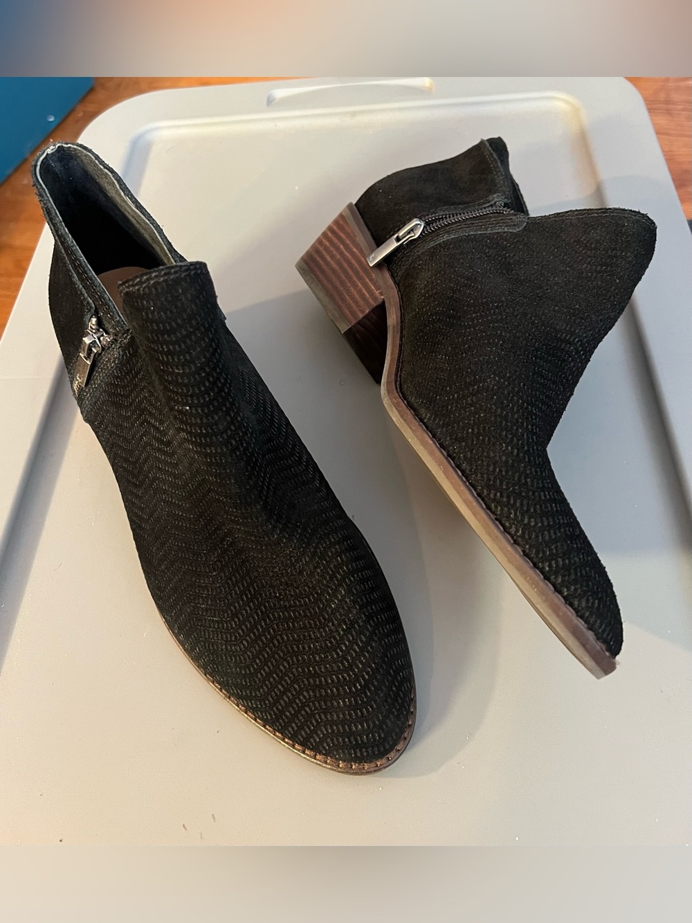 Lucky Brand Black Suede Pointed Ankle Booties with Wood Heel